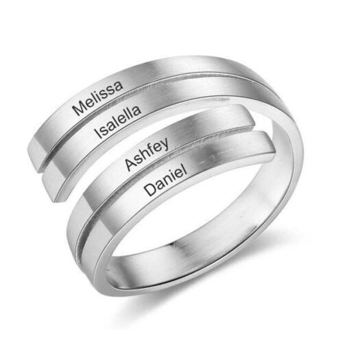 Personalized Silver Ring - Engrave One Phrase - Two Custom Names - Two Custom Heart Birthstones