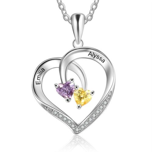 Personalized Silver Sterling Necklace - Interlocking Double Birthstone and Name Heart