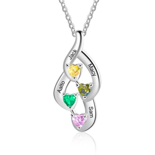 Sterling Silver Necklace - Interlocking Four Birthstone and Four Name Engraving