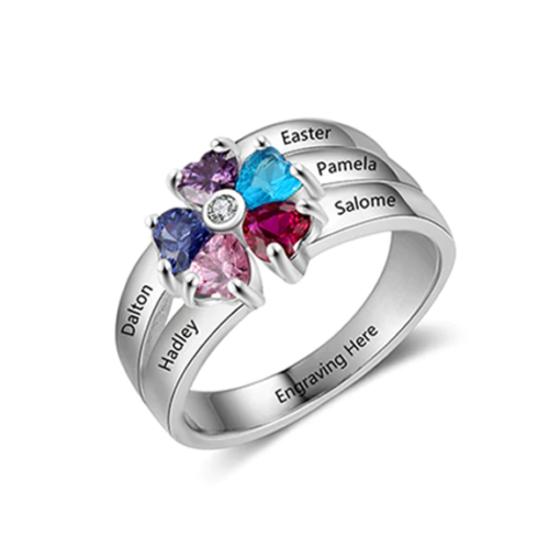 Personalized Sterling Silver Ring - Customized 5 Names Engraving and 5 Heart-Shaped Birthstones
