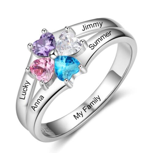 Personalized Sterling Silver Ring - Four Birthstone Four Names and One Engraving
