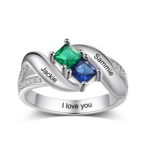 Personalized Sterling Silver Ring - Two Birthstone Two Names and One Engraving