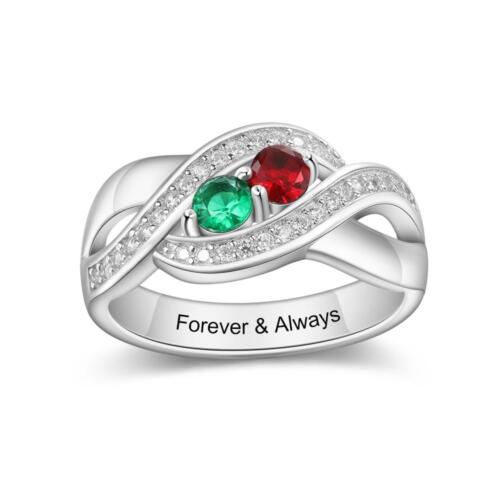 Personalized Sterling Silver Ring - Two Birthstone and One Engraving