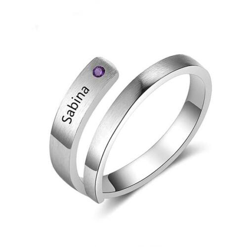 Personalized Silver Ring - One Custom Name - One Custom Birthstone
