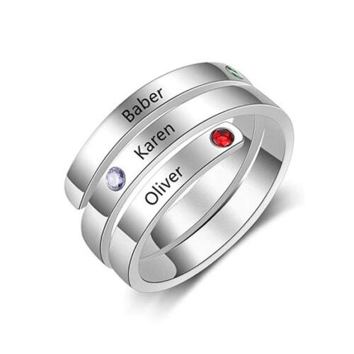 Personalized Silver Ring - Three Custom Names - Three Custom Birthstones