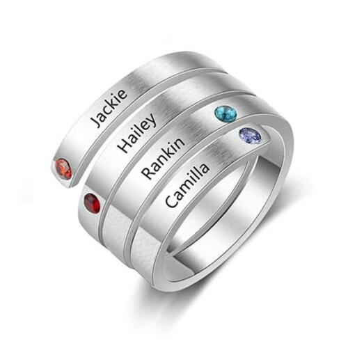 Personalized Silver Ring - Four Custom Names - Four Custom Birthstones