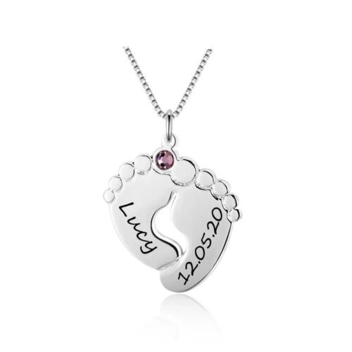 Personalized Sterling Silver Baby Feet Customized Birthstone Name Engraved Pendant Necklace