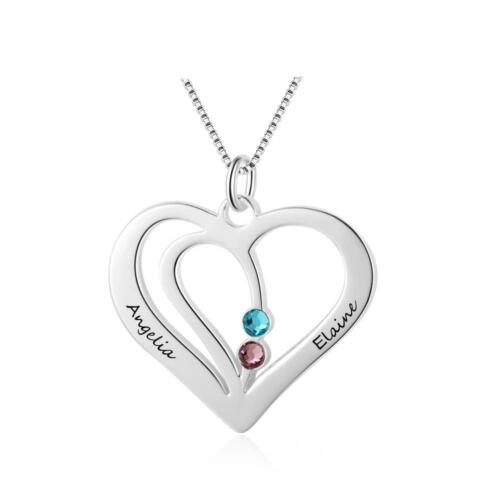 Personalized Sterling Silver Name Engraved Heart Birthstone Pendant Necklace