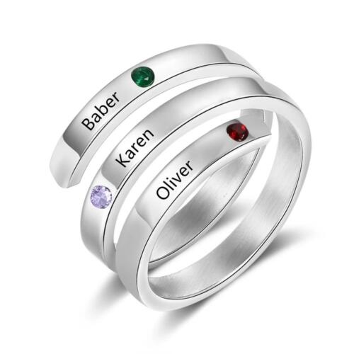Personalized Silver Ring - Engrave One Phrase - Two Custom Names - Two Custom Heart Birthstones