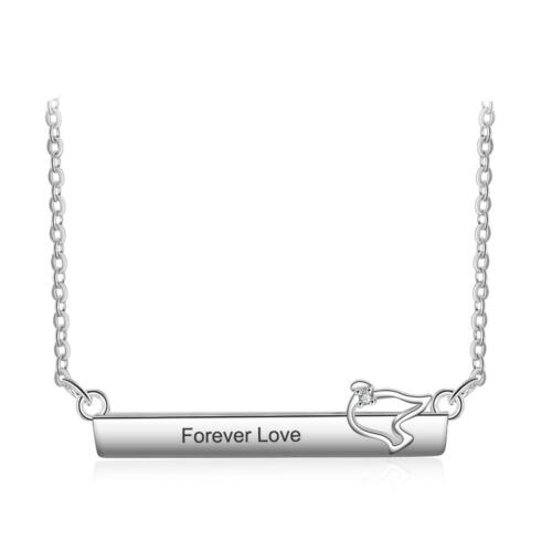 Personalized Silver Necklace with Engrave Name Strip with Bird Pendant