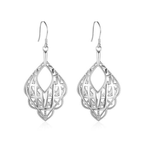 Romantic Style Sterling Silver Geometric Pattern Hollow Drop Earrings Hook Ear Piece