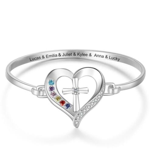 Personalized Cross and Heart Bracelet - Engraved 6 Birthstones Bracelet