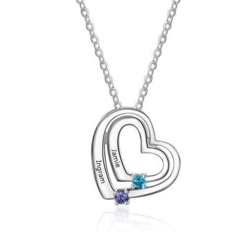Personalized Heart Name Necklace with 2 Birthstones Custom Engraving Pendants