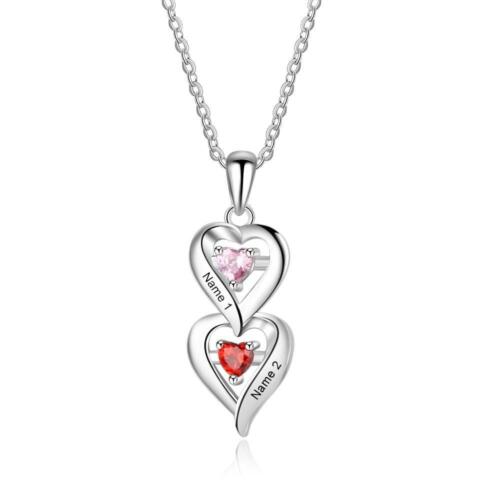 Sterling Silver Heart Necklace - Two Customized Birthstones & Engraving Heart Pendant