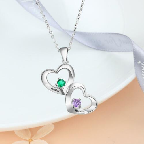 Customized Heart Pendant Necklace - Double Birthstone Engraved Necklace