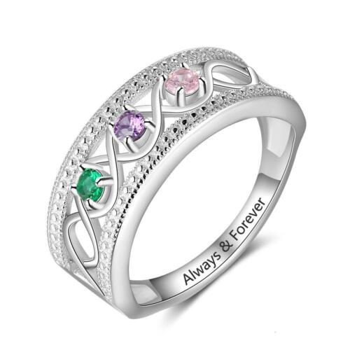 Personalized Sterling Silver Rings - Engraving 3 Birthstone and Inner Engravings