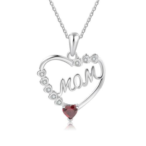 Personalized Heart Necklace with MOM Engraved & Custom Zirconia Birthstone Pendant Necklace