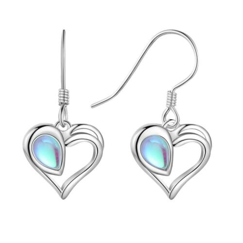 Sterling Silver Dangling Earrings - Heart Charm Rainbow Moonstone Earring