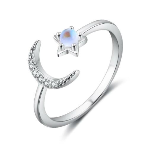 Sterling Silver Adjustable Moon Star Engagement Ring - Unique Cubic Zirconia Stones Cuff Ring