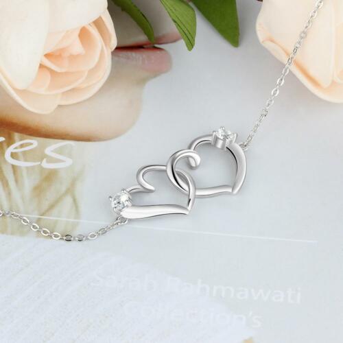 Personalized Sterling Silver Necklace with 2Pcs/Set Merge Heart Shape Name & Birthstones Pendant
