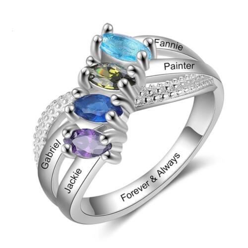Personalized Solid Family Ring with 4 Birthstones - Custom 4 Name and 1 Inner Engraving