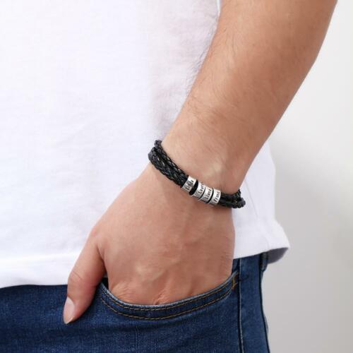 Personalized Multilayer Leather Bracelet - Genuine Black PU Leather Vintage Name Beads Braided Band