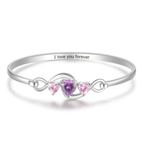 Personalized 3 Heart Birthstones Engraving Infinity Bangle Bracelet