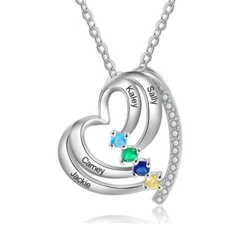 Customized Family Heart Pendant Necklace - Personalized 4 Names & Birthstones Pendant