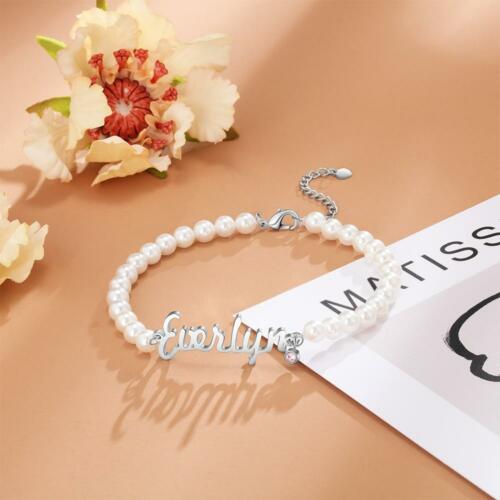 Personalized Nameplate Bracelet - Sterling Silver Bracelet - Pearl Beaded Chain Bracelet