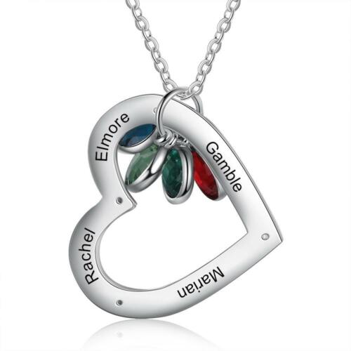Personalized Heart Pendant Necklace - Customized 4 Birthstones with 4 Name Engravings