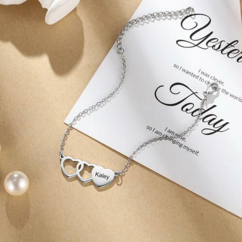 Personalized Heart Name Necklace with 2 Birthstones Custom Engraving Pendants
