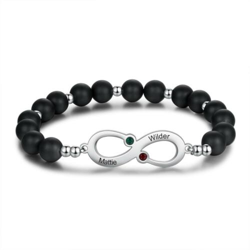 Personalized Engraving Infinity Bracelet - Birthstones Bracelet - Black Beaded
