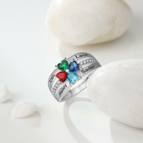 Personalized Sterling Silver Ring - Three Birthstone Three Names and One Engraving