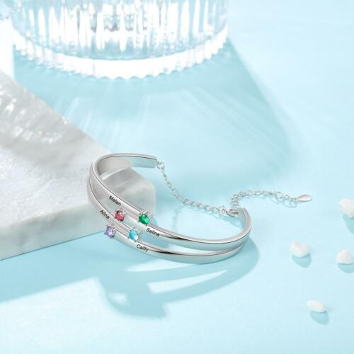 Sterling Silver Infinity Bracelet With Heart Birthstones - Engraved Bracelet