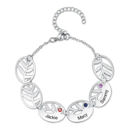 Customized 3 Names Engraving Leaf Charm Bracelet - Birthstone Engraved Bracelet