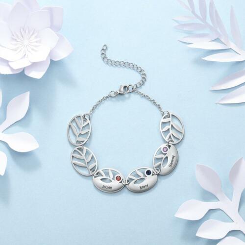 Sterling Silver Infinity Bracelet With Heart Birthstones - Engraved Bracelet
