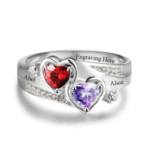 Personalized Sterling Silver Ring - Custom Heart Birthstone - Engrave Custom Names