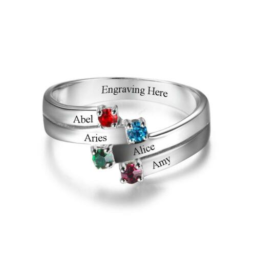 Family Ring - 4 Birthstones Engraved Jewelry - Sterling Silver Jewelry