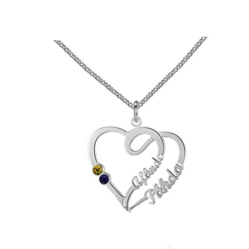 Personalized Sterling Silver Double Heart Pendant Necklace - Engrave 2 Custom Names & Birthstone Necklace