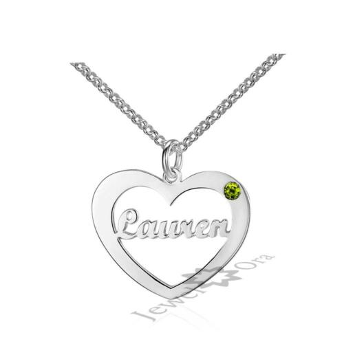 Personalized Sterling Silver Heart Necklace Custom Birthstone & Name Pendant