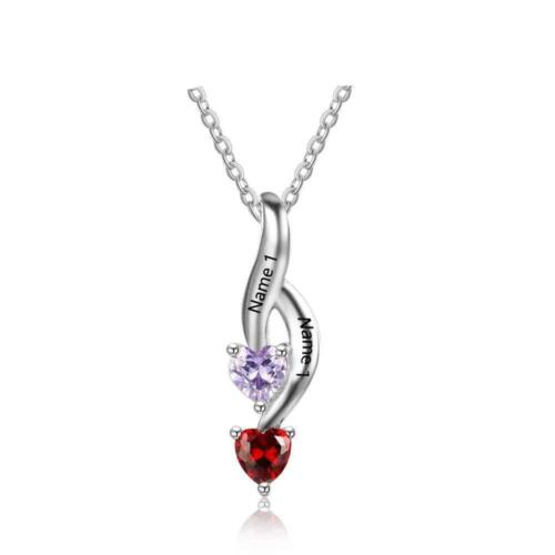 Personalized Sterling Silver Necklace - Two Name & Two Heart Birthstone Engraved Pendant