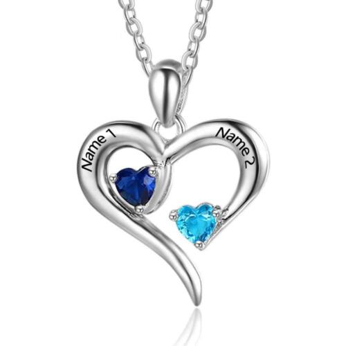 Personalized Sterling Silver 2 Birthstones Engraved Heart Necklace