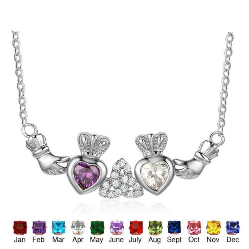 Sterling Silver Claddagh Necklace & Pendant 2 Heart Crown Customized Stones Necklace