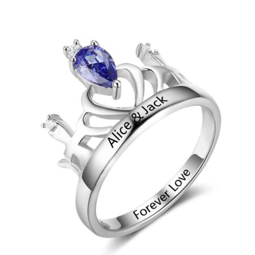 Classic Crown Sterling Silver Ring - Custom Birthstone and Name Engraving Ring