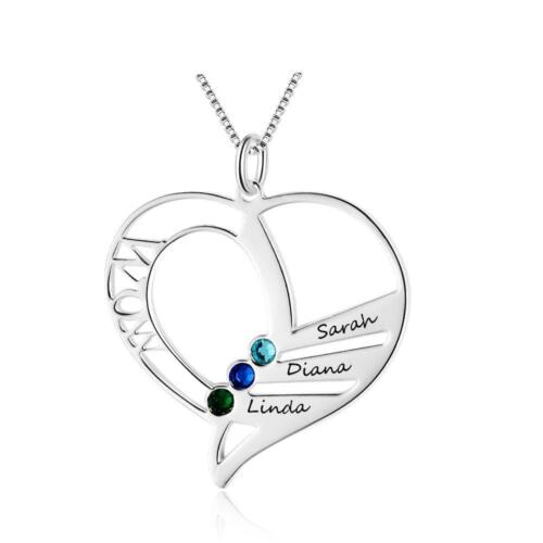 Personalized Sterling Silver Necklace with Inverted Heart Shape Engrave Name & Birthstones Pendant
