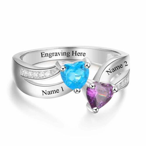 Personalized Sterling Silver Ring - Custom Heart Shape Birthstone - Engraved Custom Names