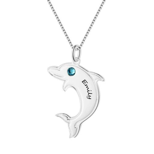 Sterling Silver Dolphin Shape Name & Birthstone Personalized Pendant Necklace
