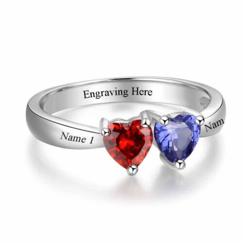 Personalized Sterling Silver Ring – Custom Double Heart Birthstones – Engrave Names