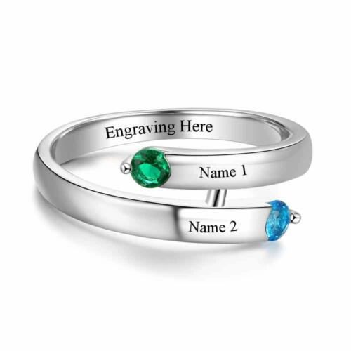 Personalized Sterling Silver Ring - Custom 2 Birthstones and Names Engraving
