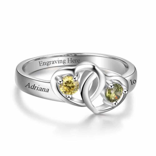 Personalized Sterling Silver Heart to Heart Rings – Engraved Names & Custom Birthstones